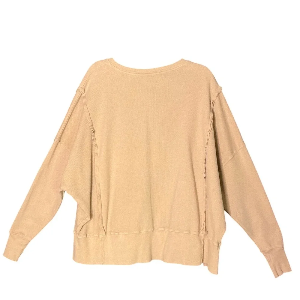 Ascot + Hart Waffle Knit Pullover Sweatshirt‎ Medium Beige Raw Hem Minimalist - Picture 2 of 6